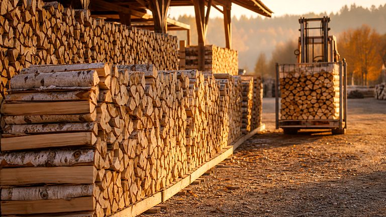 Склад дров: поленья берёзы уложены ровными рядами под навесом
